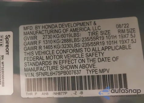 2023 Honda Odyssey Sport from USA, damaged, VIN 5FNRL6H75PB007637